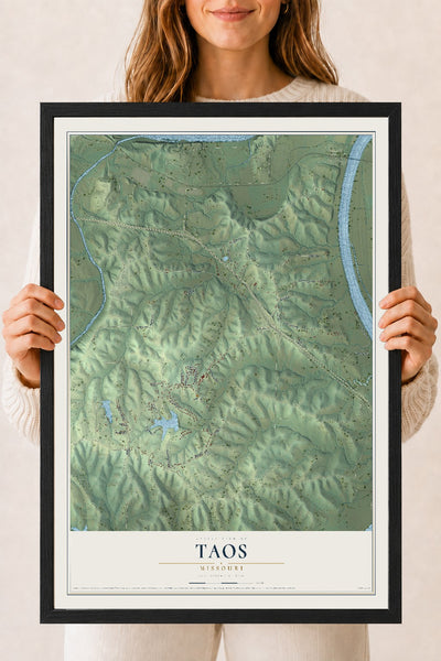 Map of Taos, Missouri, 18 x 24 inch print in a black wood frame