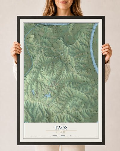 Map of Taos, Missouri, 24 x 36 inch print in a black wood frame