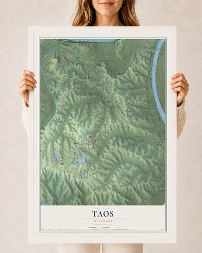 Map of Taos, Missouri, 24 x 36 inch print in a white wood frame