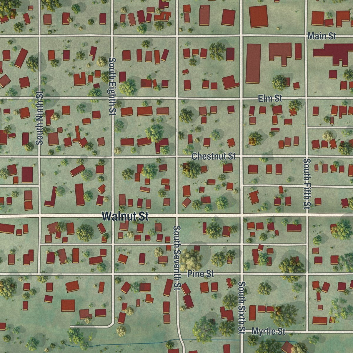Close-up of the map of Tarkio, Missouri print showing street and building detail