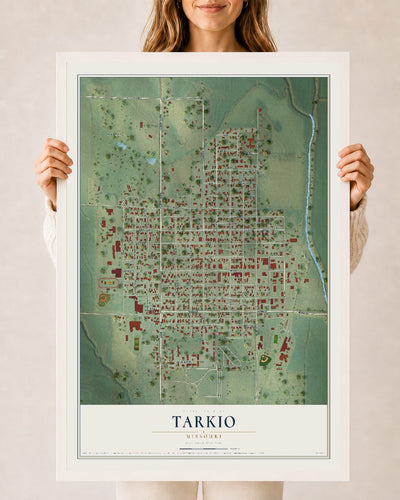 Map of Tarkio, Missouri, 24 x 36 inch print in a white wood frame