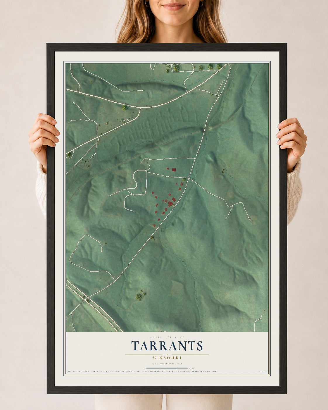 Map of Tarrants, Missouri, 24 x 36 inch print in a black wood frame