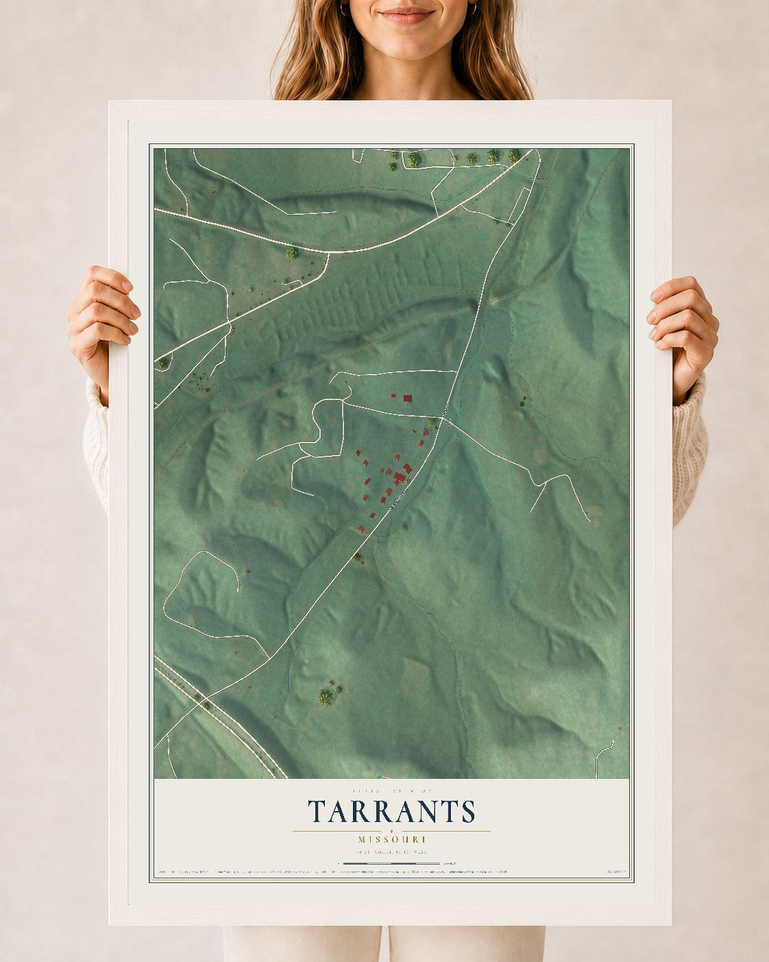 Map of Tarrants, Missouri, 24 x 36 inch print in a white wood frame