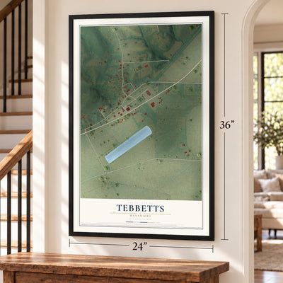 Tebbetts, Missouri map, 24 x 36 inch print in a black frame by a staircase