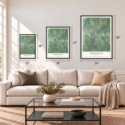 Terre du Lac, Missouri map in 12 x 18, 18 x 24 and 24 x 36 inch sizes above a sofa