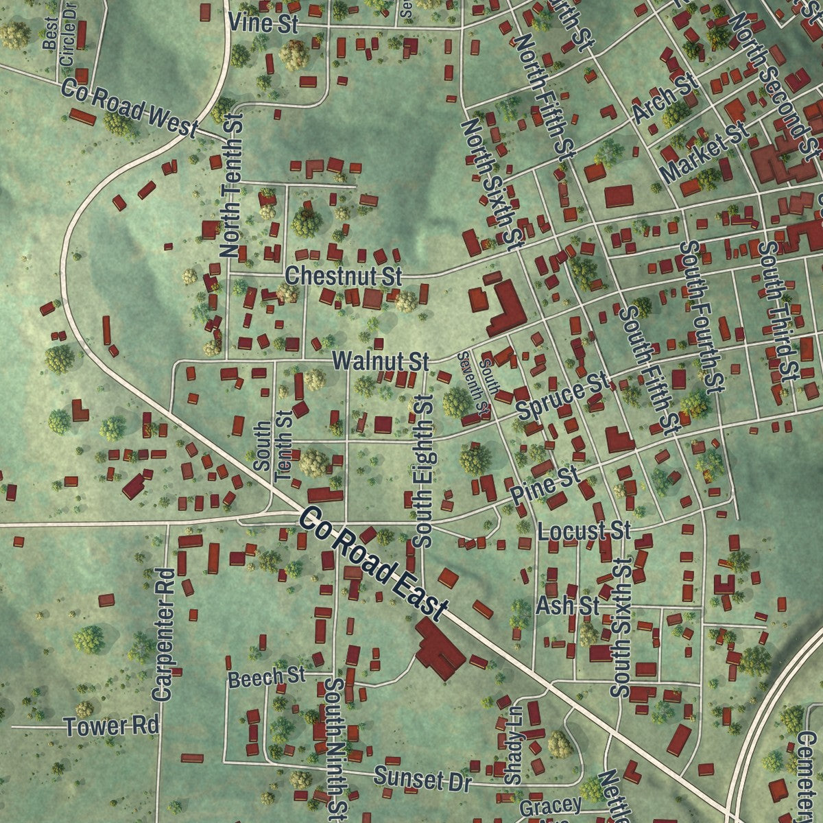 Close-up of the map of Thayer, Missouri print showing street and building detail