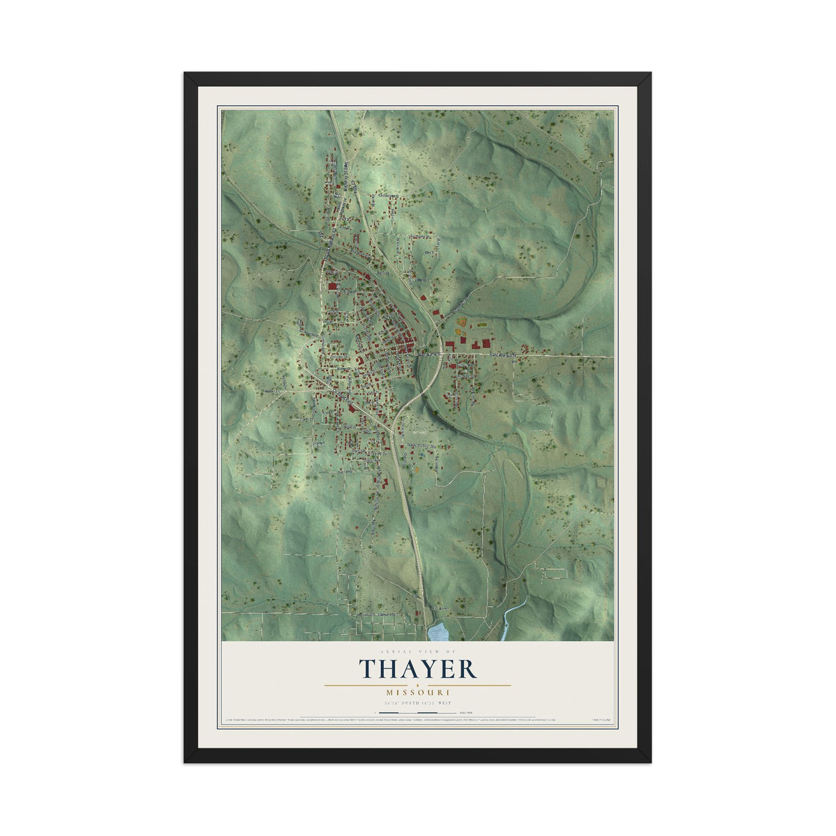 Map of Thayer, Missouri, 12 x 18 inch print in a black wood frame