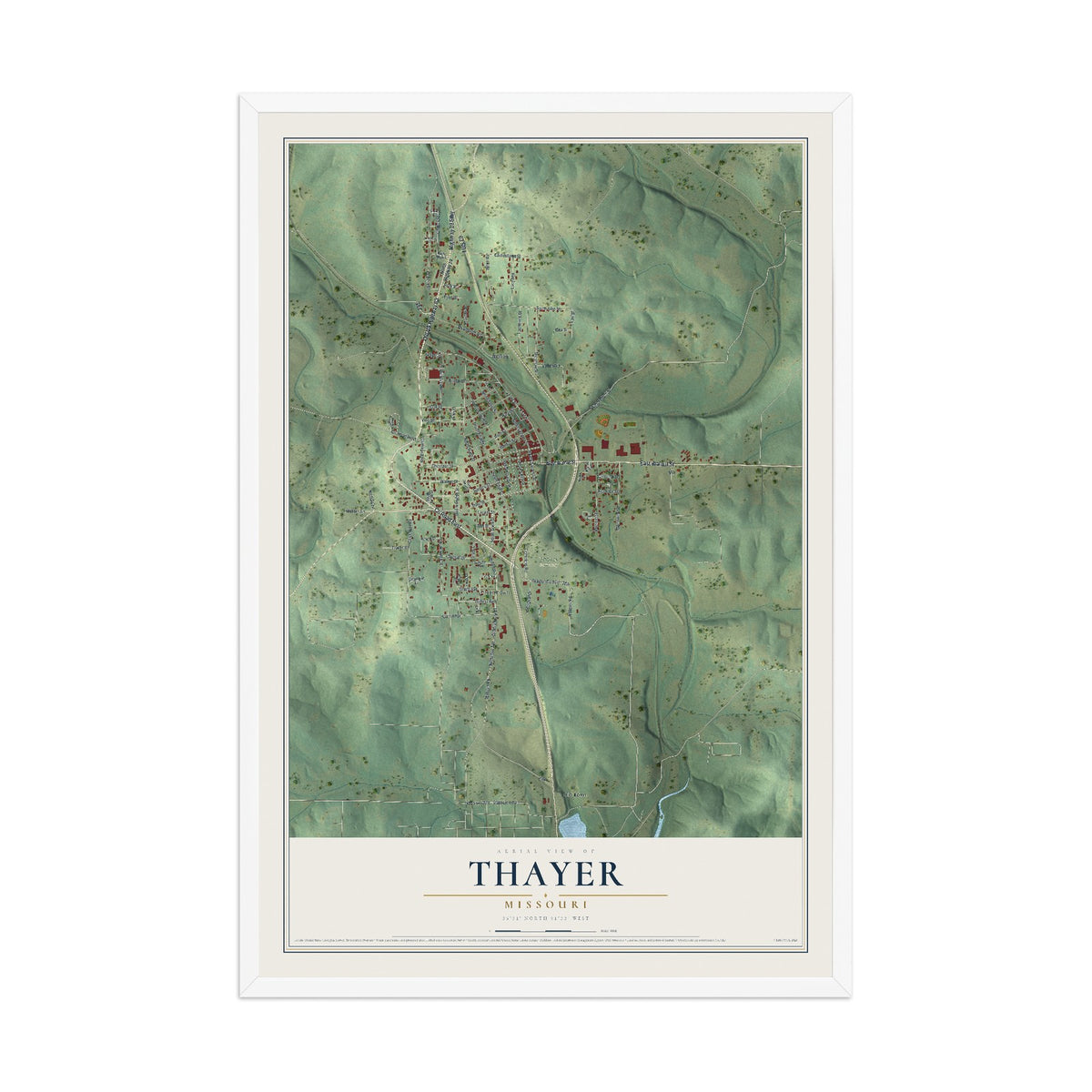 Map of Thayer, Missouri, 12 x 18 inch print in a white wood frame