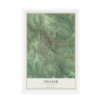 Map of Thayer, Missouri, 12 x 18 inch print in a white wood frame