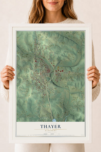 Map of Thayer, Missouri, 18 x 24 inch print in a white wood frame