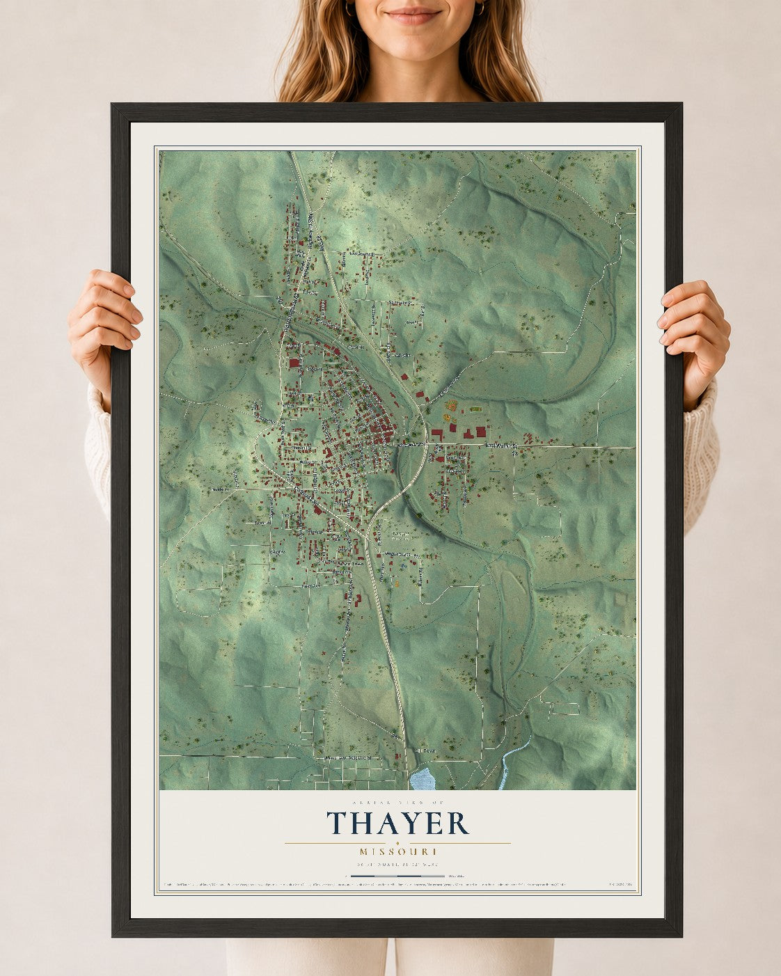 Map of Thayer, Missouri, 24 x 36 inch print in a black wood frame