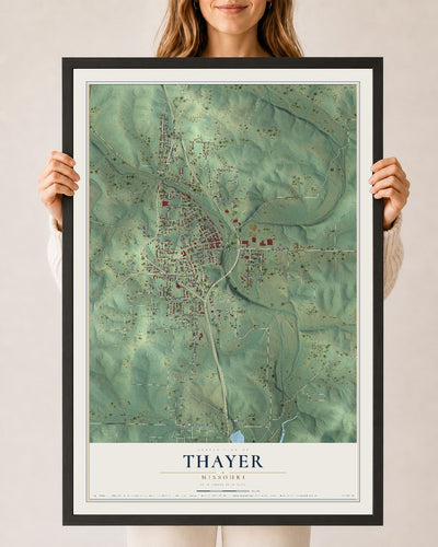 Map of Thayer, Missouri, 24 x 36 inch print in a black wood frame