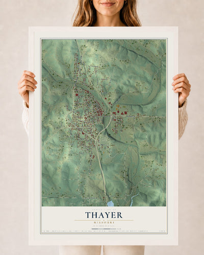 Map of Thayer, Missouri, 24 x 36 inch print in a white wood frame