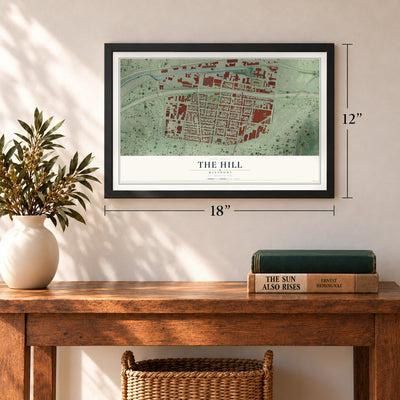 The Hill, Missouri map, 12 x 18 inch print in a black frame in an entryway
