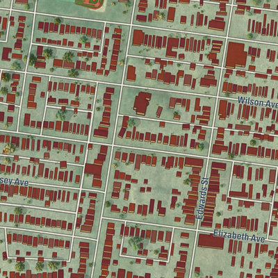 Close-up of the map of The Hill, Missouri print showing street and building detail