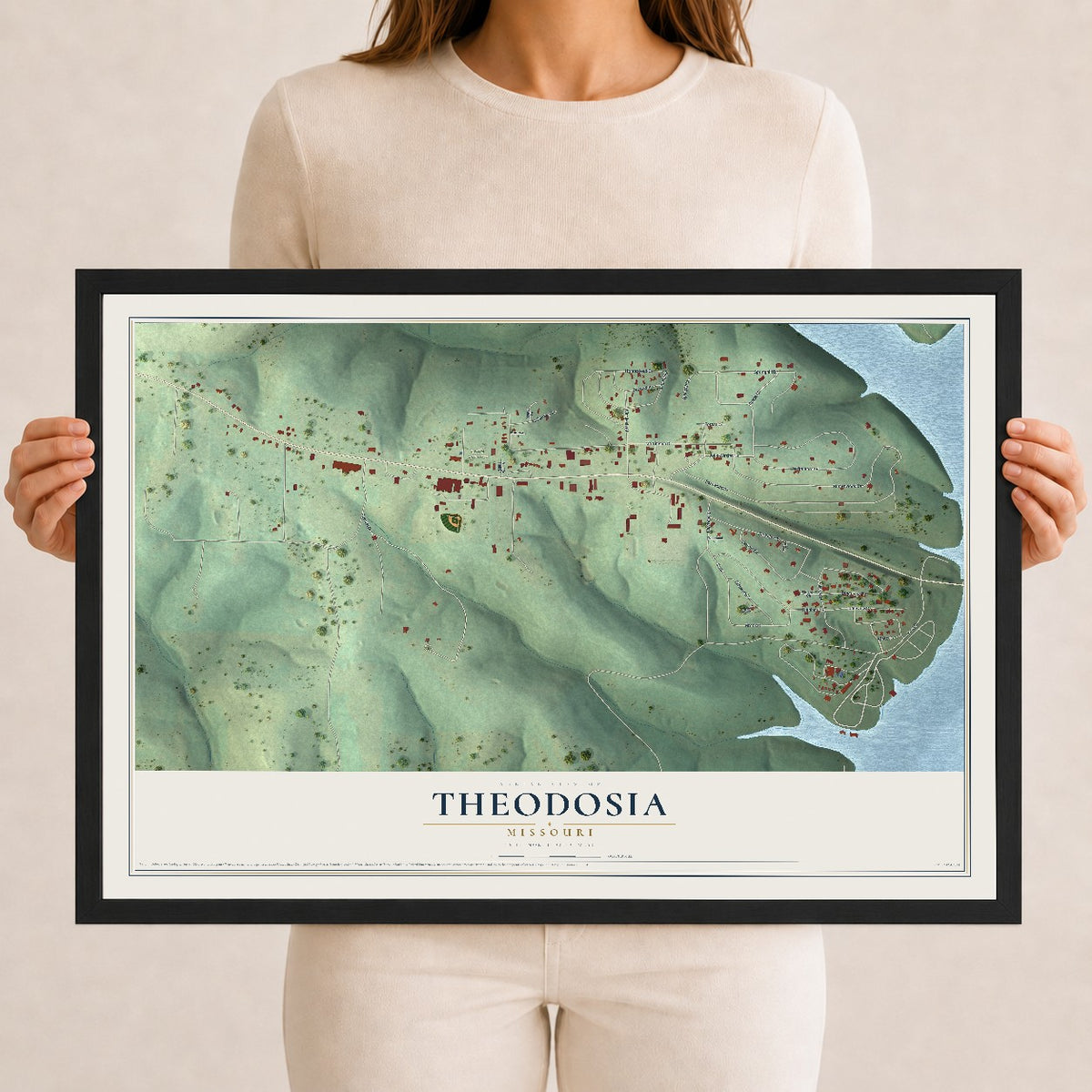Map of Theodosia, Missouri, 12 x 18 inch print in a black wood frame