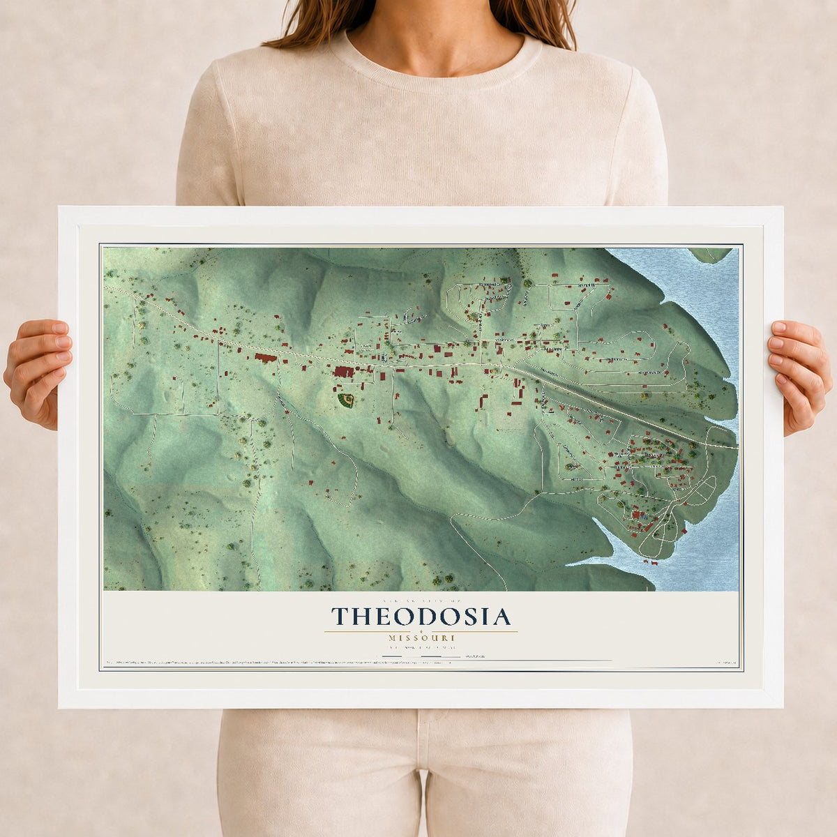 Map of Theodosia, Missouri, 12 x 18 inch print in a white wood frame