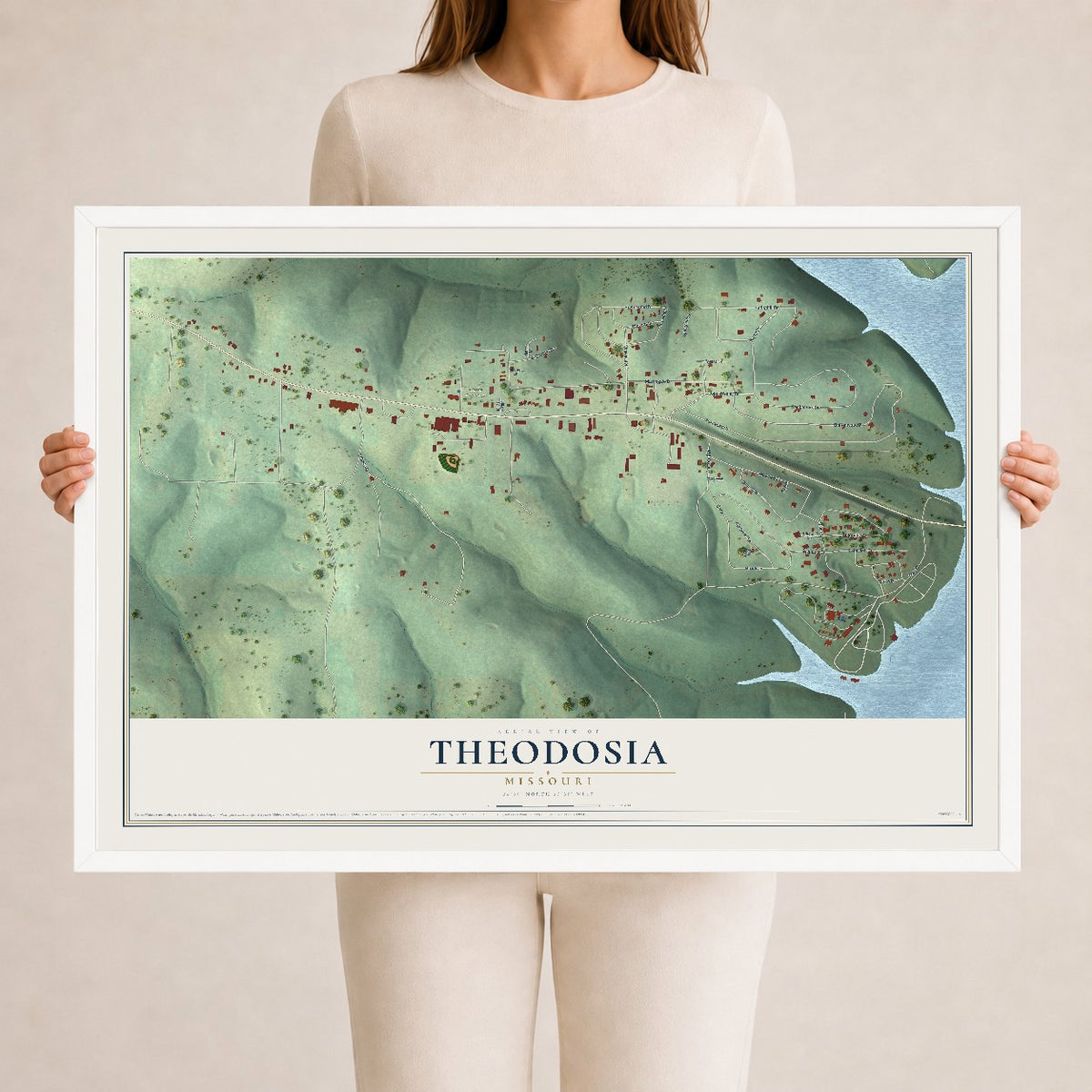 Map of Theodosia, Missouri, 24 x 36 inch print in a white wood frame
