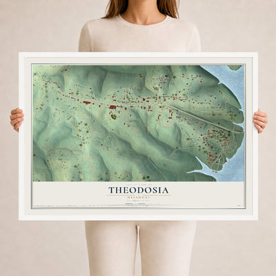 Map of Theodosia, Missouri, 24 x 36 inch print in a white wood frame