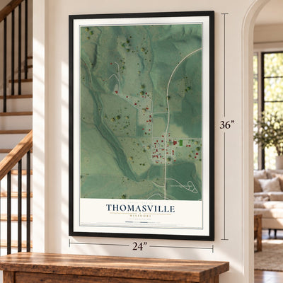 Thomasville, Missouri map, 24 x 36 inch print in a black frame by a staircase