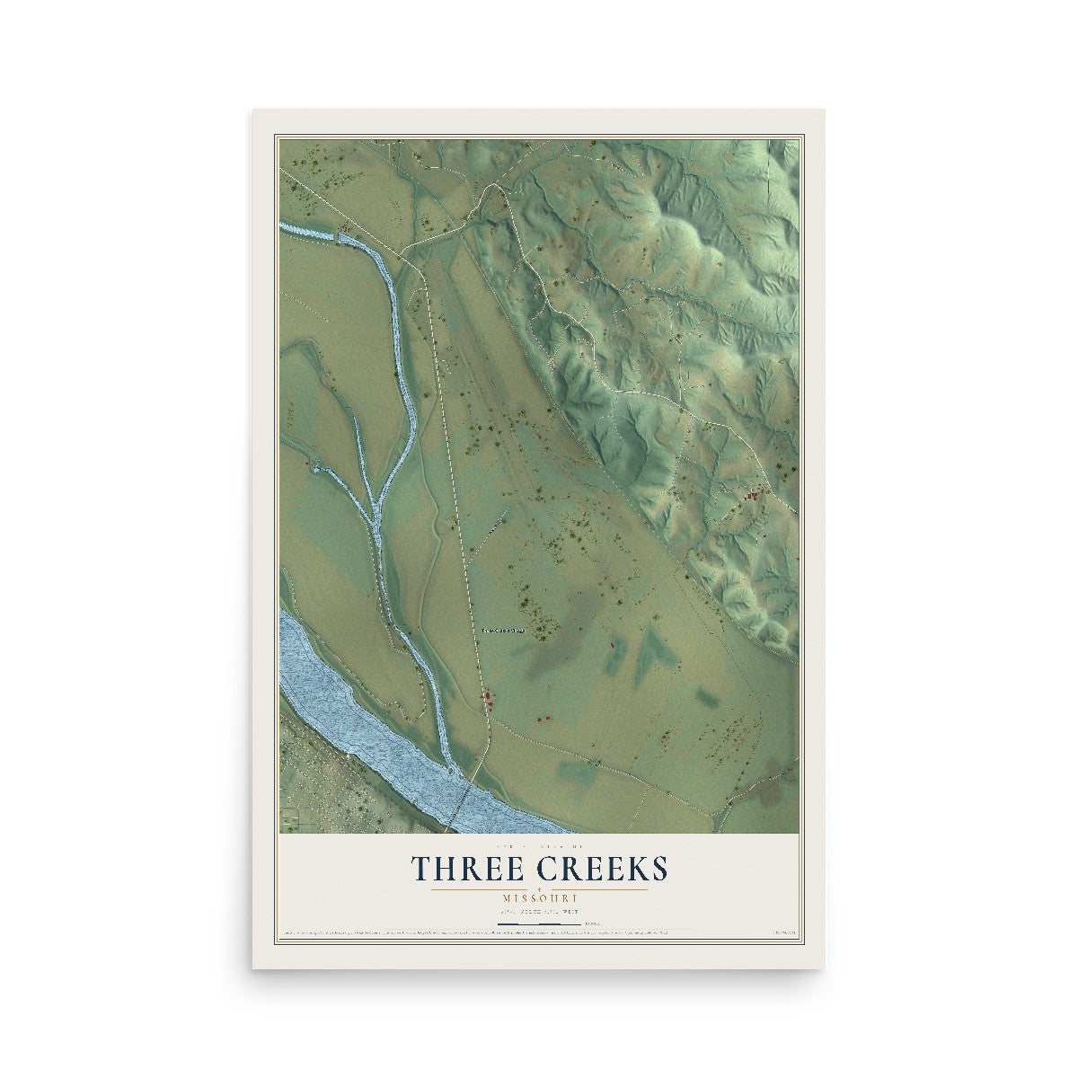 Map of Three Creeks, Missouri, 12 x 18 inch unframed archival matte print