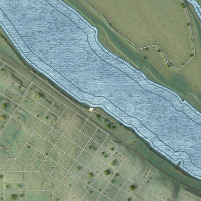Close-up of the map of Three Creeks, Missouri print showing street and building detail
