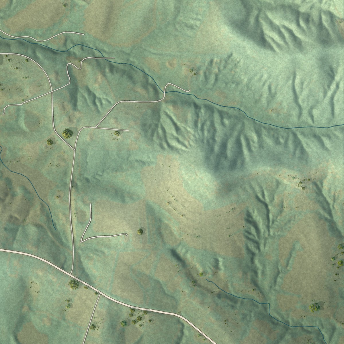 Second close-up of the map of Three Creeks, Missouri print showing more streets and buildings