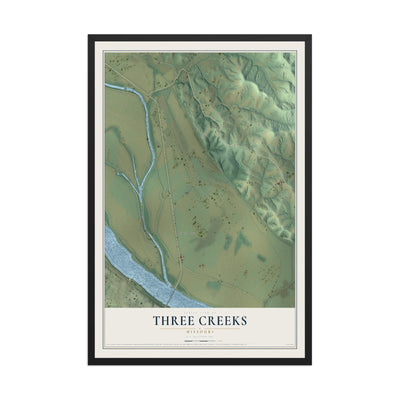 Map of Three Creeks, Missouri, 12 x 18 inch print in a black wood frame