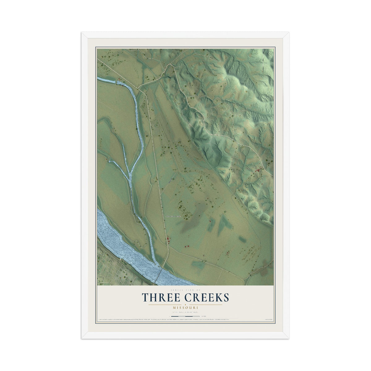 Map of Three Creeks, Missouri, 12 x 18 inch print in a white wood frame