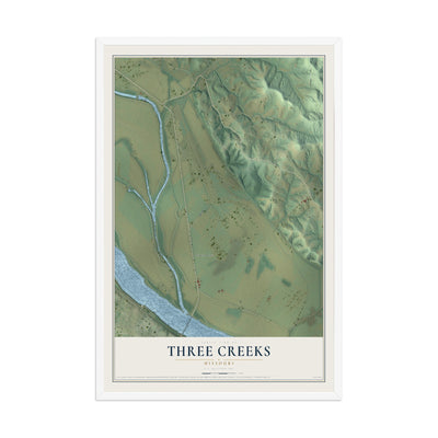 Map of Three Creeks, Missouri, 12 x 18 inch print in a white wood frame