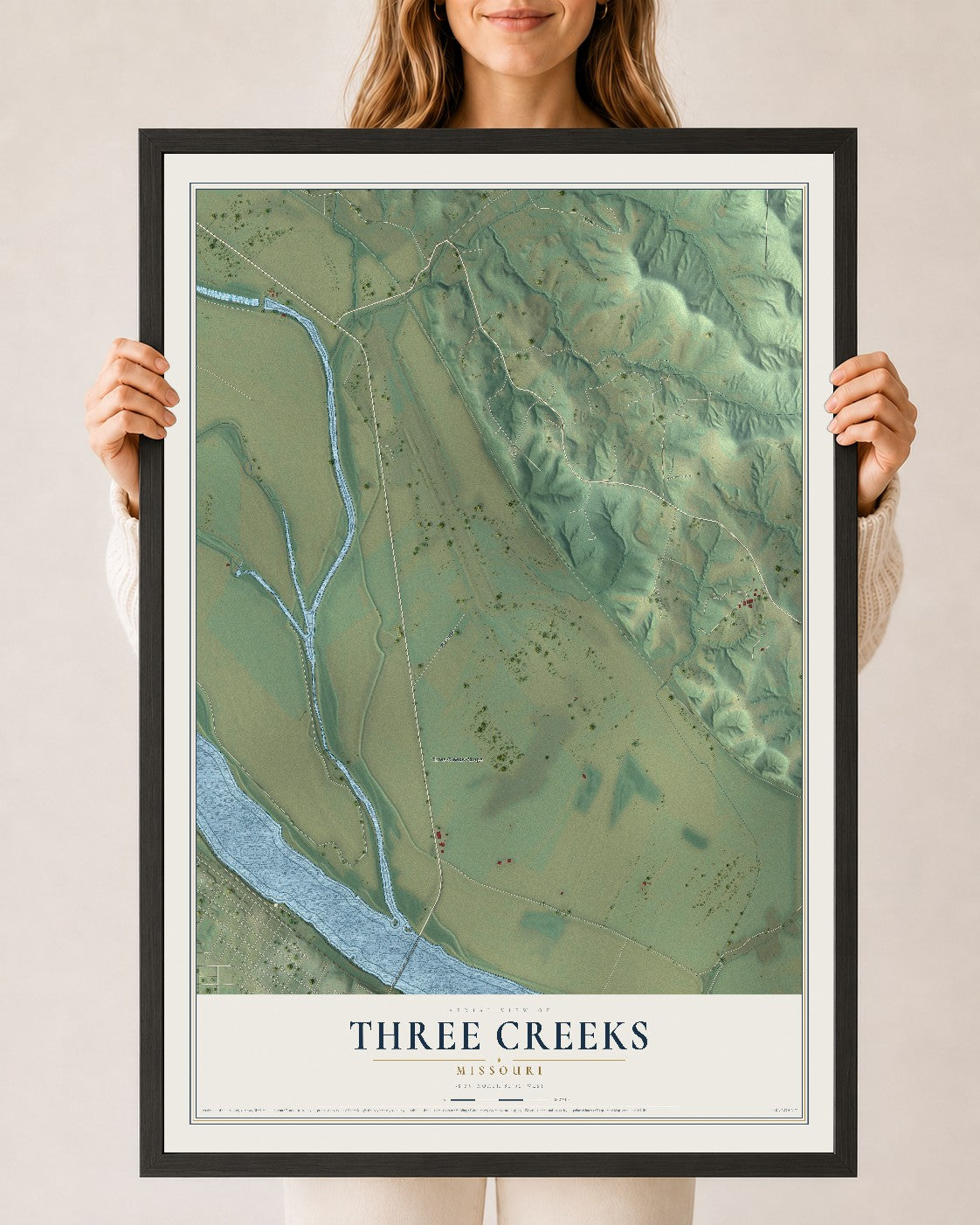 Map of Three Creeks, Missouri, 24 x 36 inch print in a black wood frame