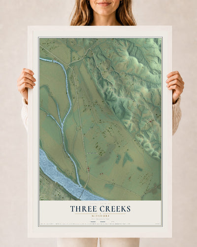 Map of Three Creeks, Missouri, 24 x 36 inch print in a white wood frame