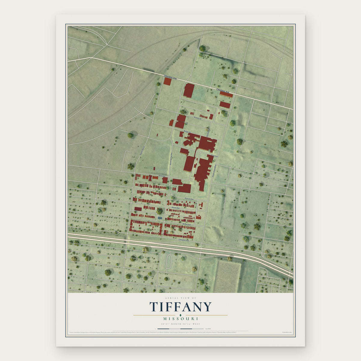 Tiffany, Missouri map print, the full design