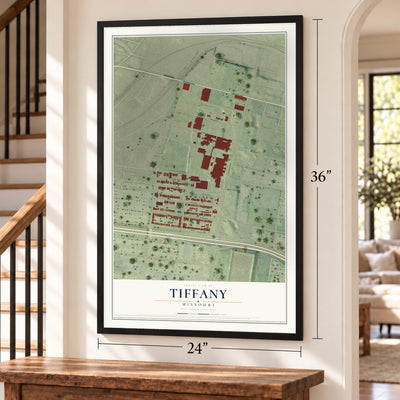 Tiffany, Missouri map, 24 x 36 inch print in a black frame by a staircase