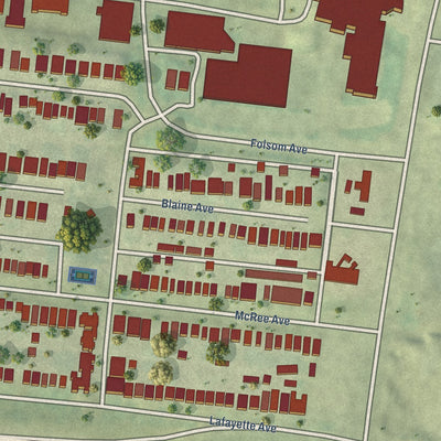 Close-up of the map of Tiffany, Missouri print showing street and building detail
