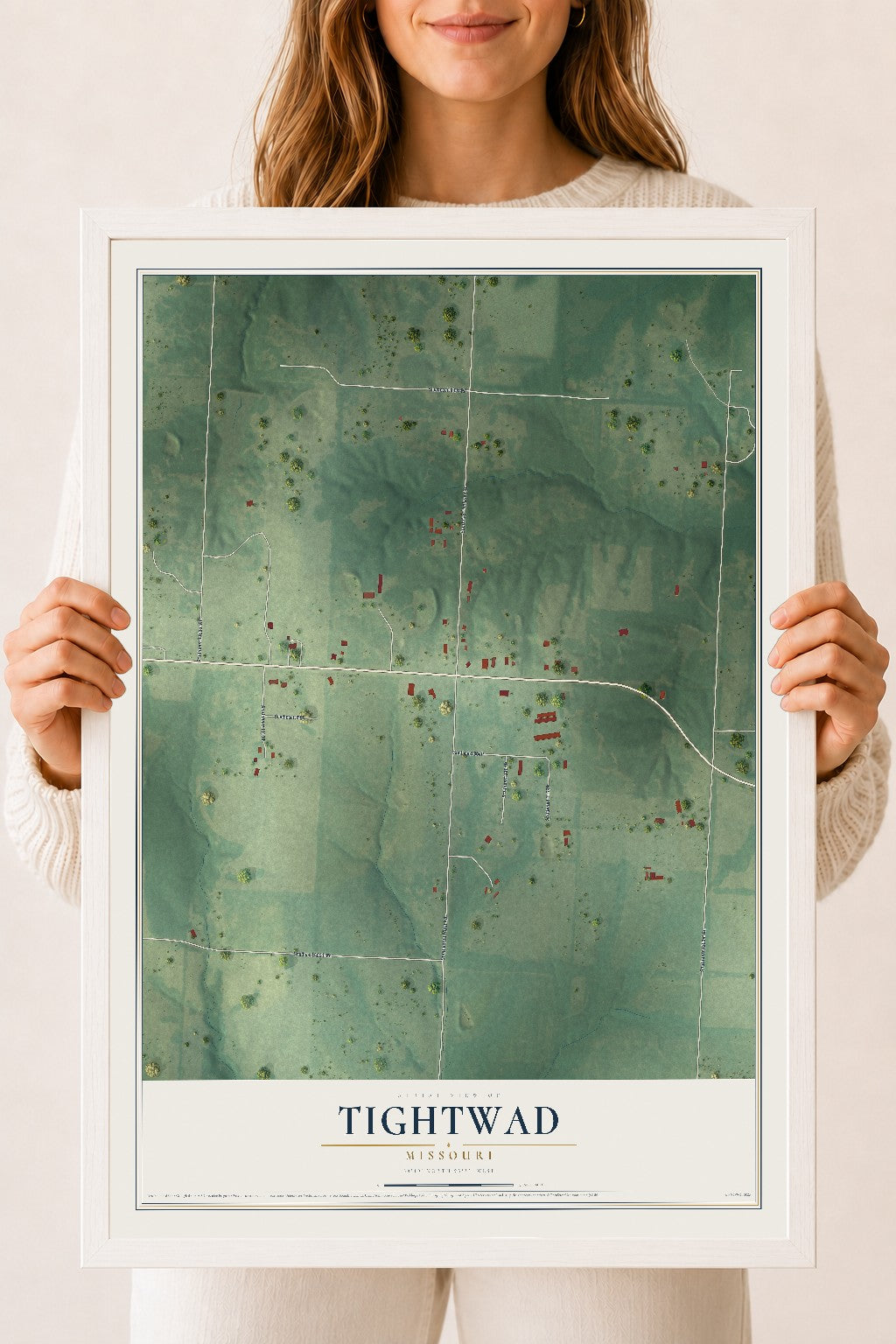 Map of Tightwad, Missouri, 18 x 24 inch print in a white wood frame