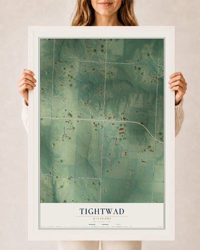 Map of Tightwad, Missouri, 24 x 36 inch print in a white wood frame