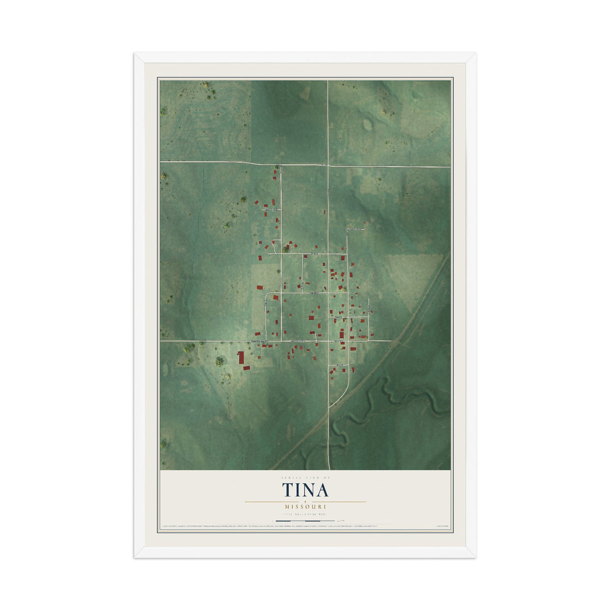 Map of Tina, Missouri, 12 x 18 inch print in a white wood frame