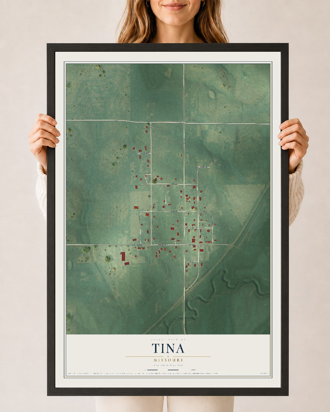 Map of Tina, Missouri, 24 x 36 inch print in a black wood frame
