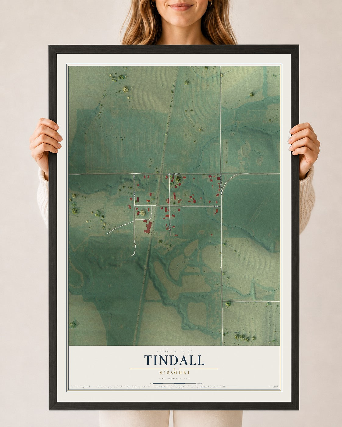 Map of Tindall, Missouri, 24 x 36 inch print in a black wood frame