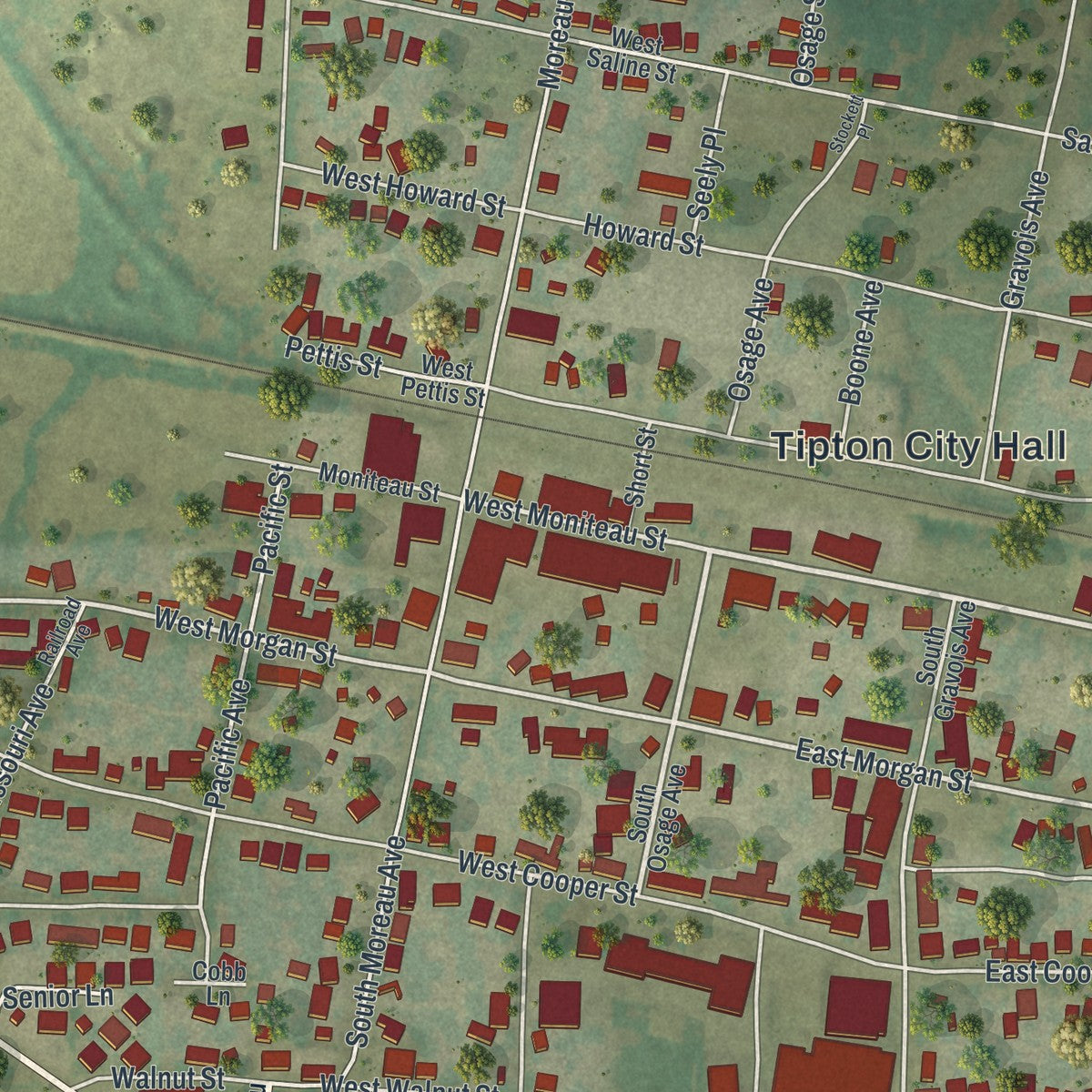 Close-up of the map of Tipton, Missouri print showing street and building detail