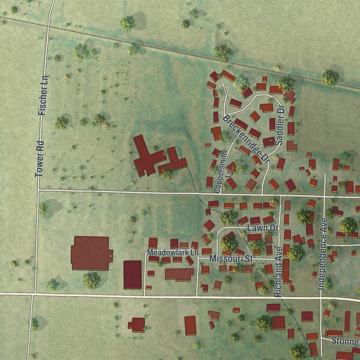 Second close-up of the map of Tipton, Missouri print showing more streets and buildings
