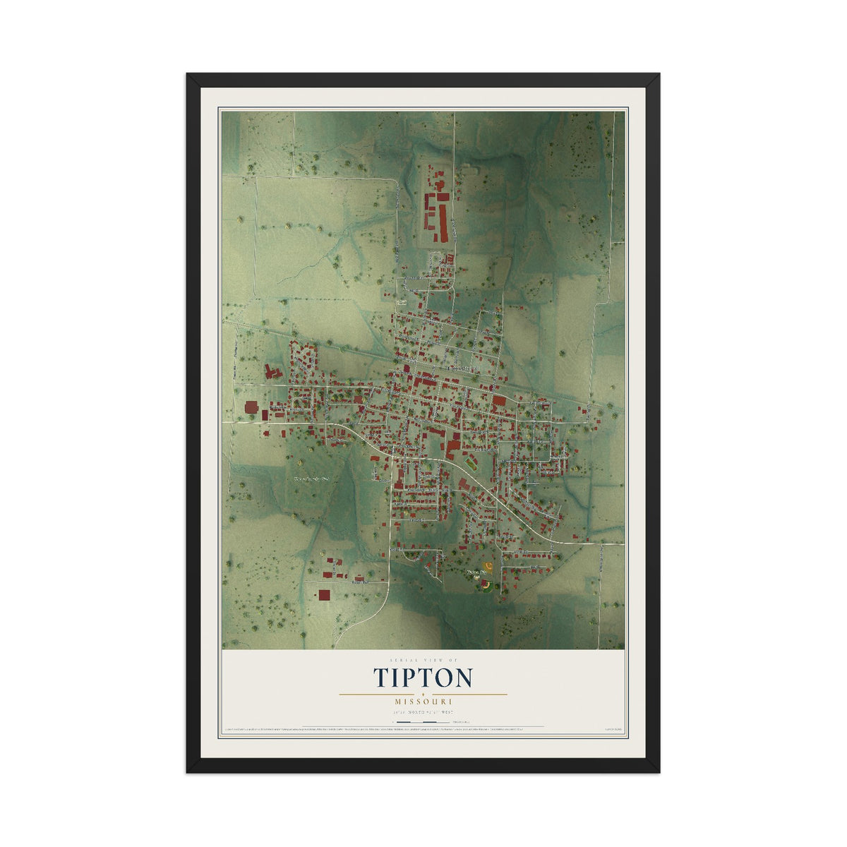 Map of Tipton, Missouri, 12 x 18 inch print in a black wood frame