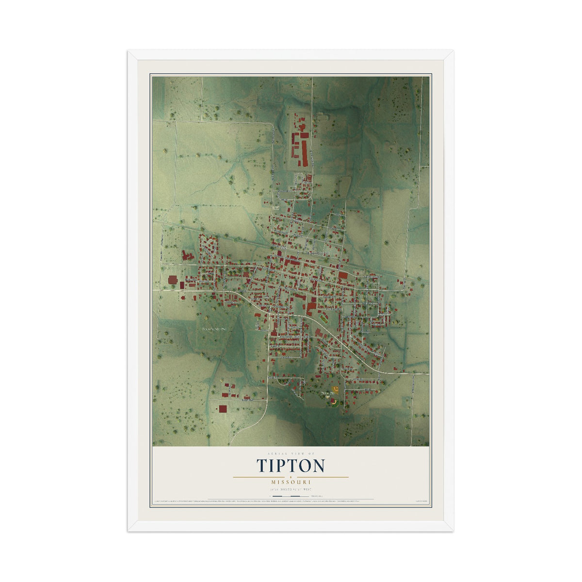 Map of Tipton, Missouri, 12 x 18 inch print in a white wood frame