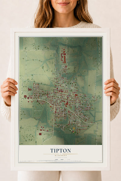 Map of Tipton, Missouri, 18 x 24 inch print in a white wood frame