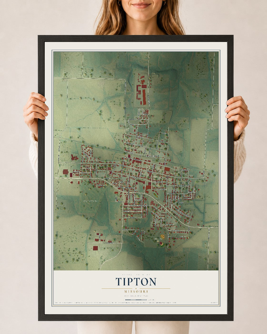 Map of Tipton, Missouri, 24 x 36 inch print in a black wood frame