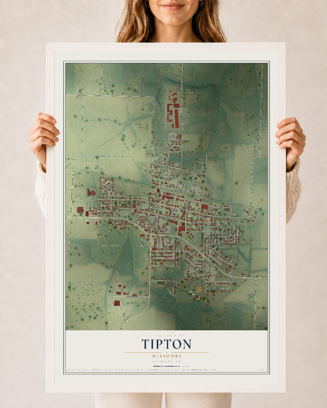 Map of Tipton, Missouri, 24 x 36 inch print in a white wood frame