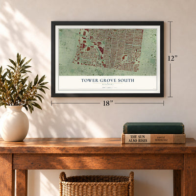 Tower Grove South, Missouri map, 12 x 18 inch print in a black frame in an entryway
