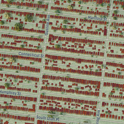 Close-up of the map of Tower Grove South, Missouri print showing street and building detail
