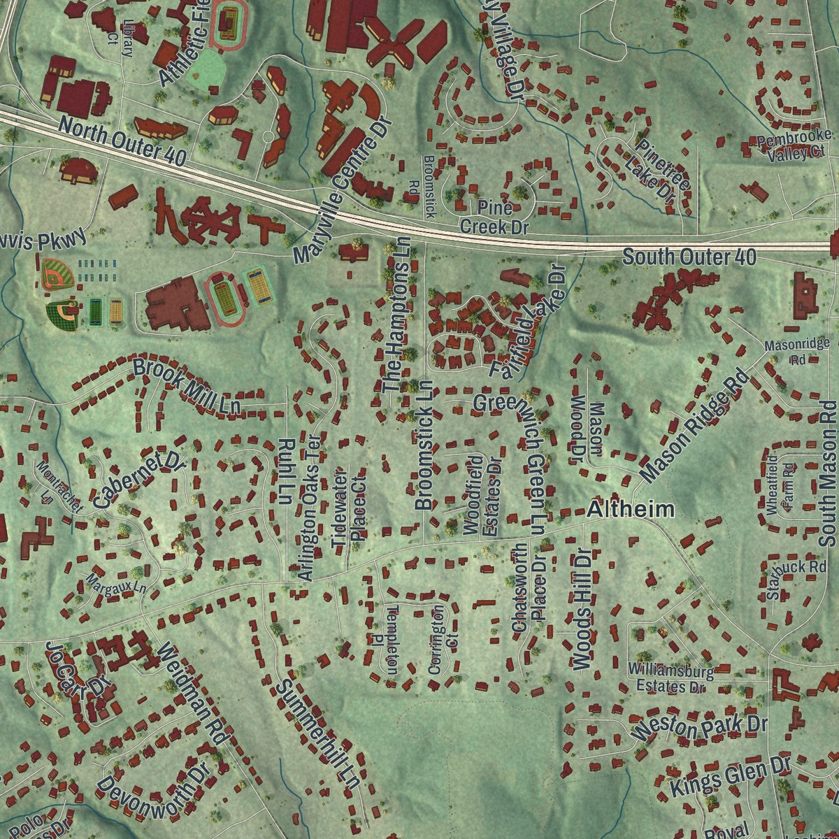 Close-up of the map of Town and Country, Missouri print showing street and building detail